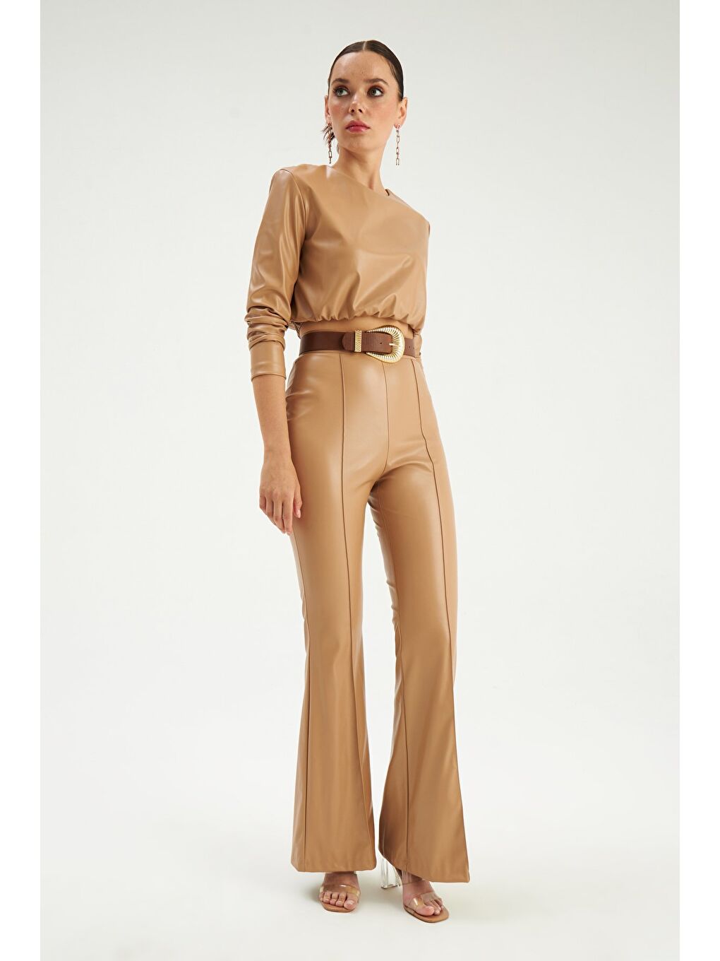 İspanyol Paça Deri Pantolon - Bej-1