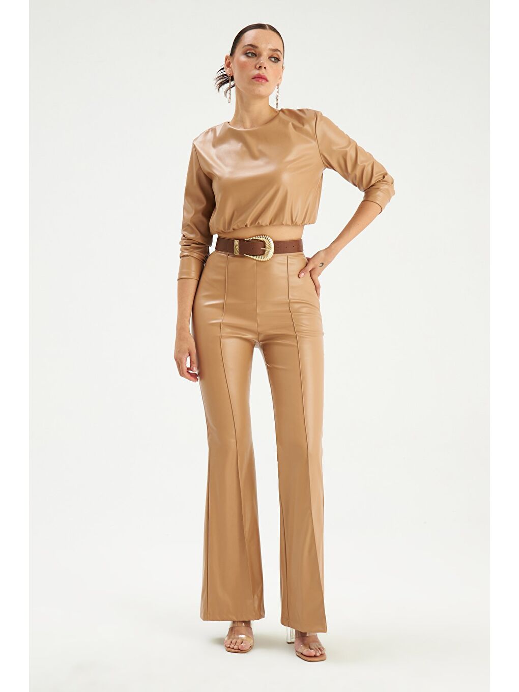 İspanyol Paça Deri Pantolon - Bej-2