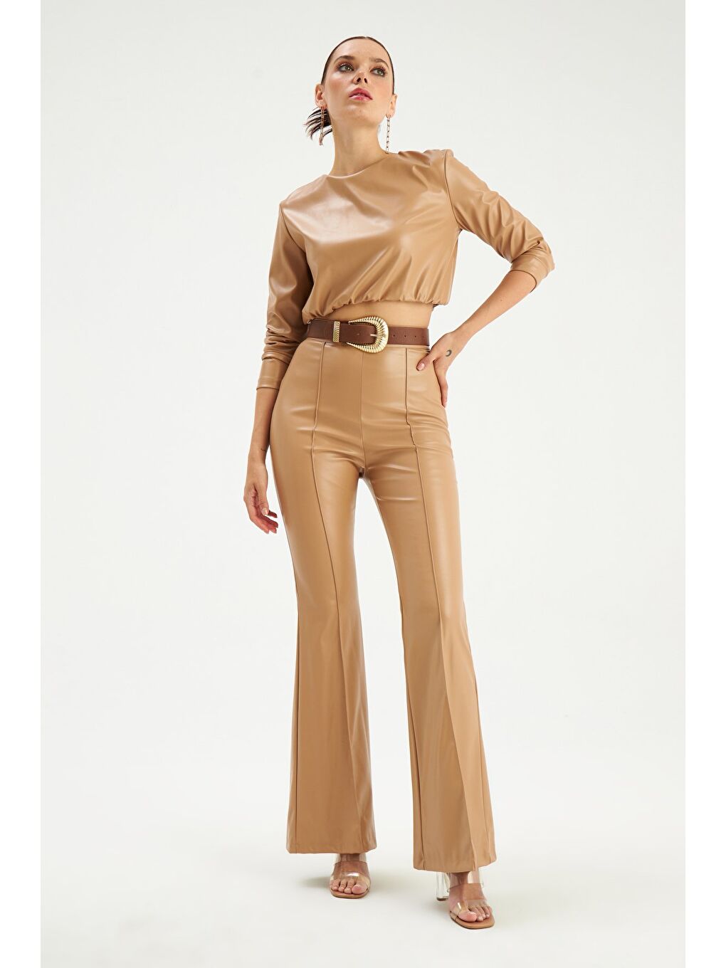 İspanyol Paça Deri Pantolon - Bej-3