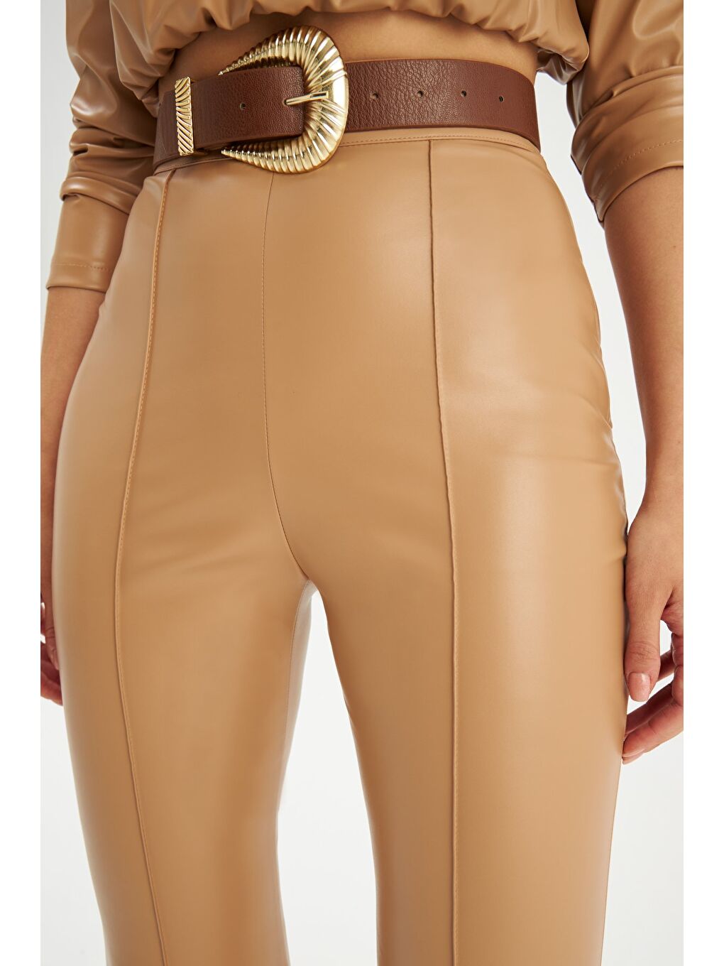 İspanyol Paça Deri Pantolon - Bej-4