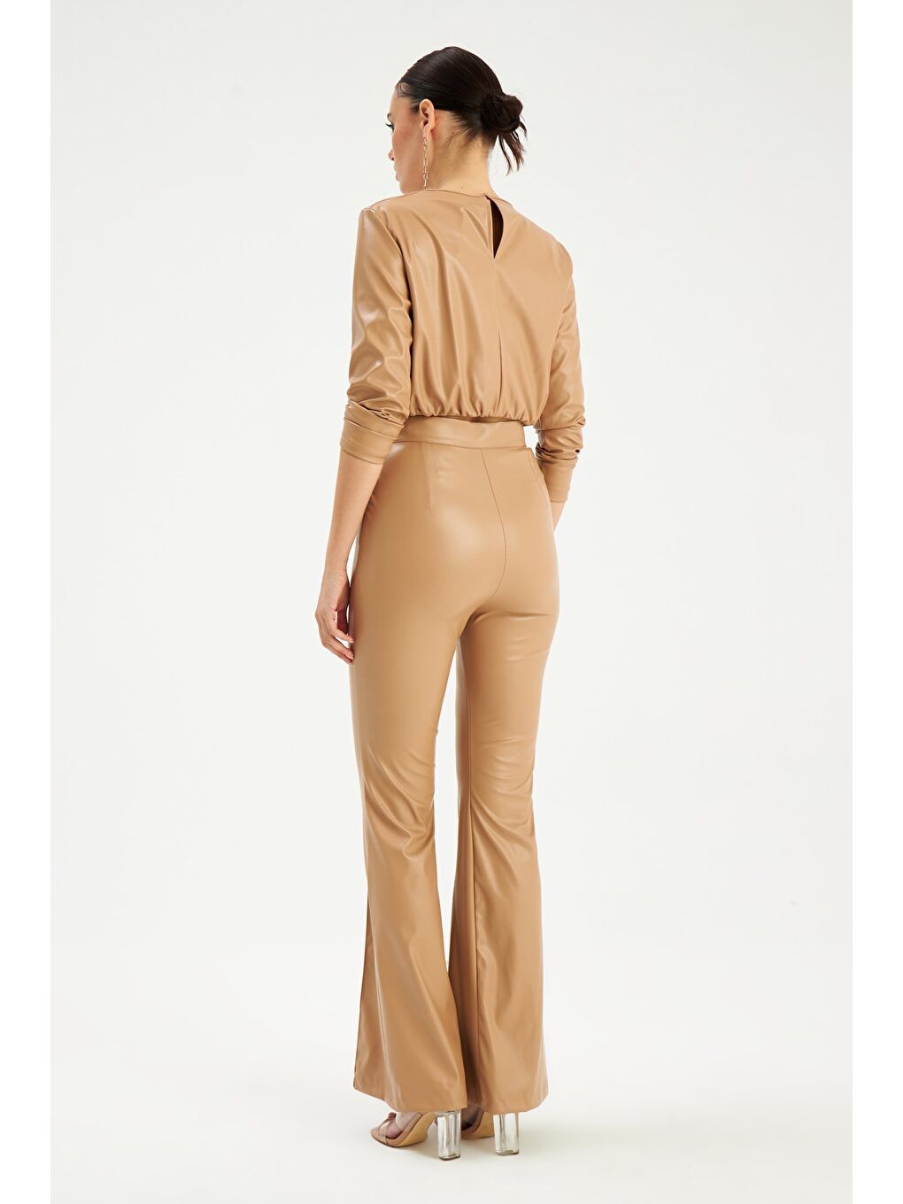 İspanyol Paça Deri Pantolon - Bej-5