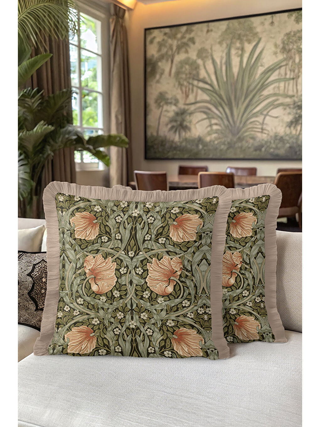 Karışık Lüks Vintage Çiçekli Saçaklı Yastık Kılıfı - Zarif Bohem Yeşil Bej Püsküllü Kırlent Kılıfı-5