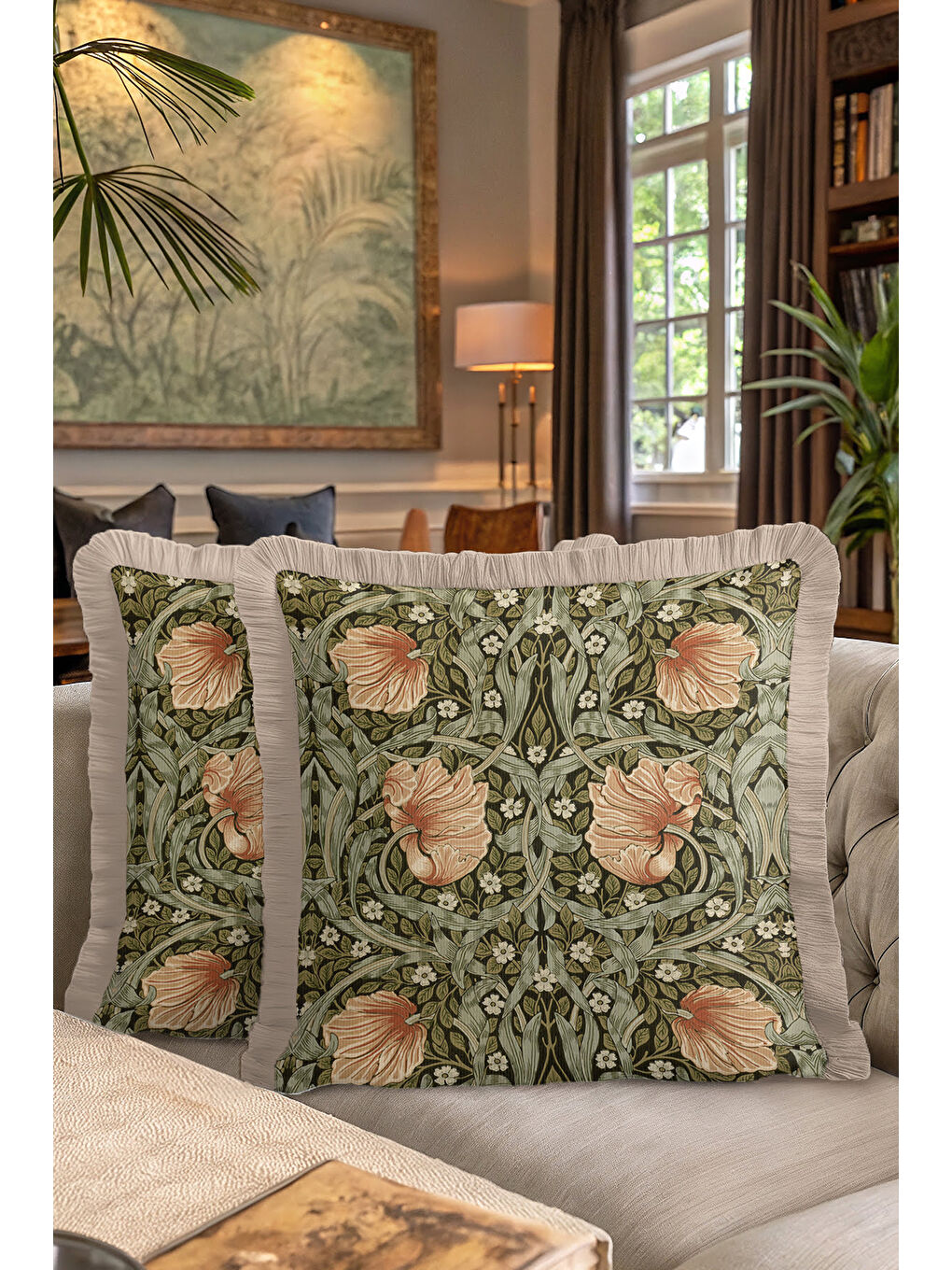 Karışık Lüks Vintage Çiçekli Saçaklı Yastık Kılıfı - Zarif Bohem Yeşil Bej Püsküllü Kırlent Kılıfı-7