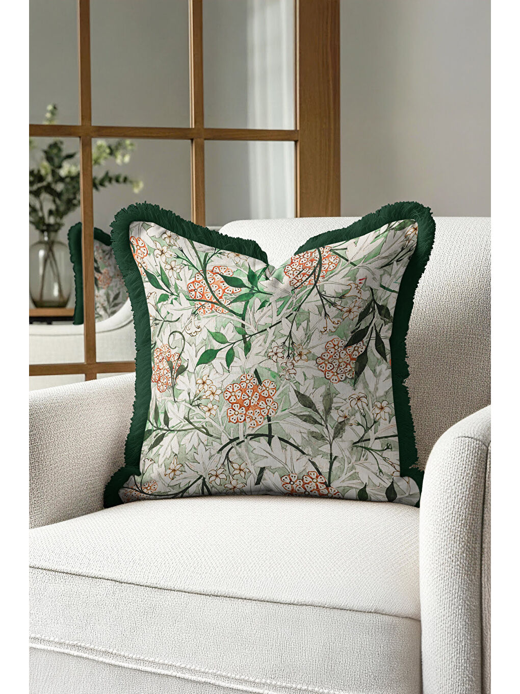 Karışık Botanik Çiçekli Saçaklı Yastık Kılıfı - Doğal Yeşil Bohem Krem Püsküllü Kırlent Kılıfı