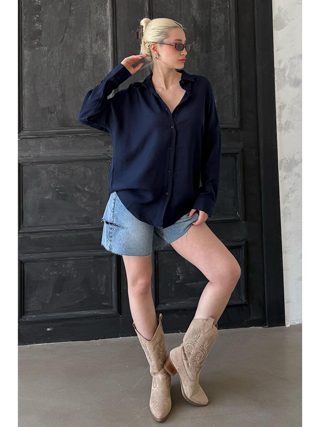 Lacivert Uzun Kollu Oversize Gömlek Mg2003