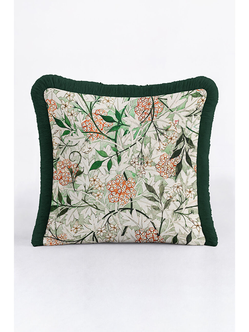Karışık Botanik Çiçekli Saçaklı Yastık Kılıfı - Doğal Yeşil Bohem Krem Püsküllü Kırlent Kılıfı-1
