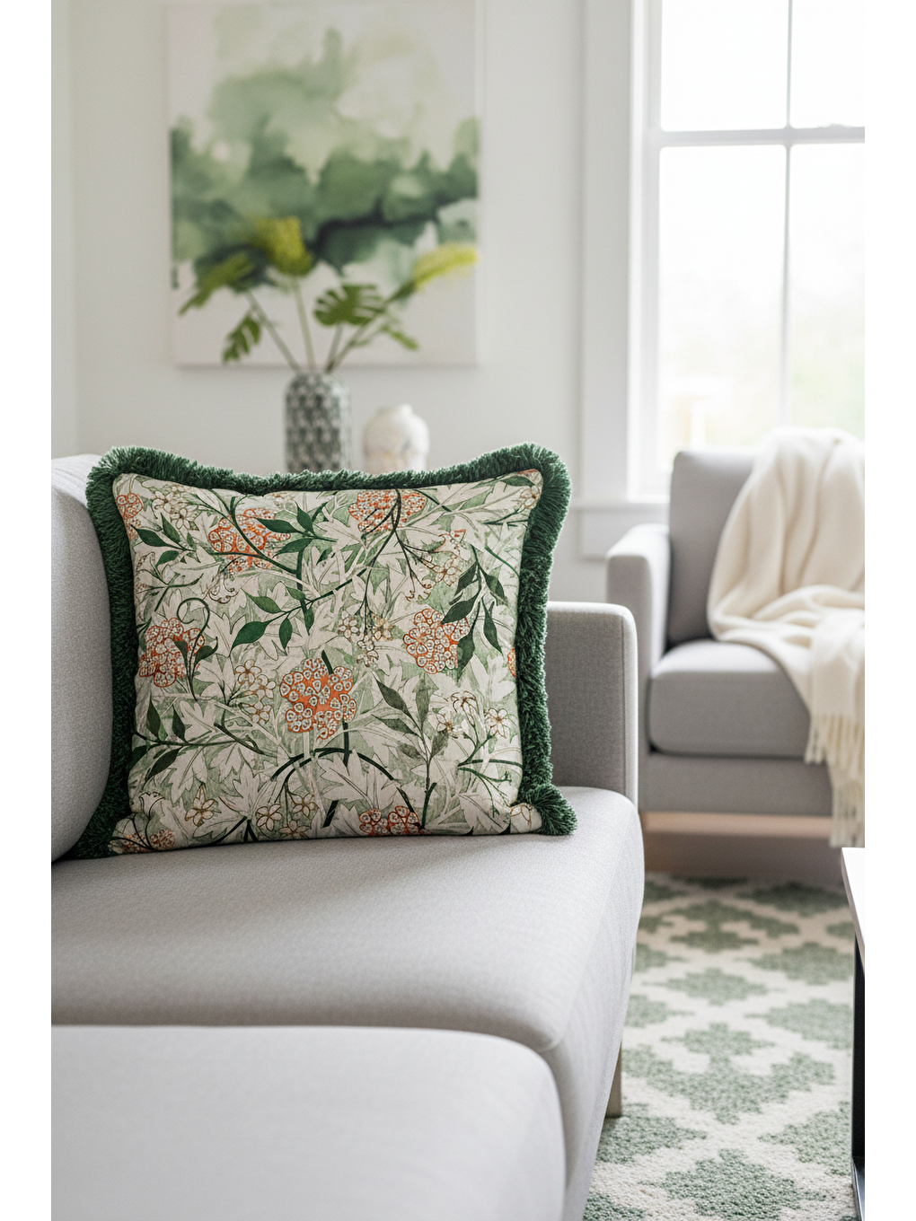 Karışık Botanik Çiçekli Saçaklı Yastık Kılıfı - Doğal Yeşil Bohem Krem Püsküllü Kırlent Kılıfı-2