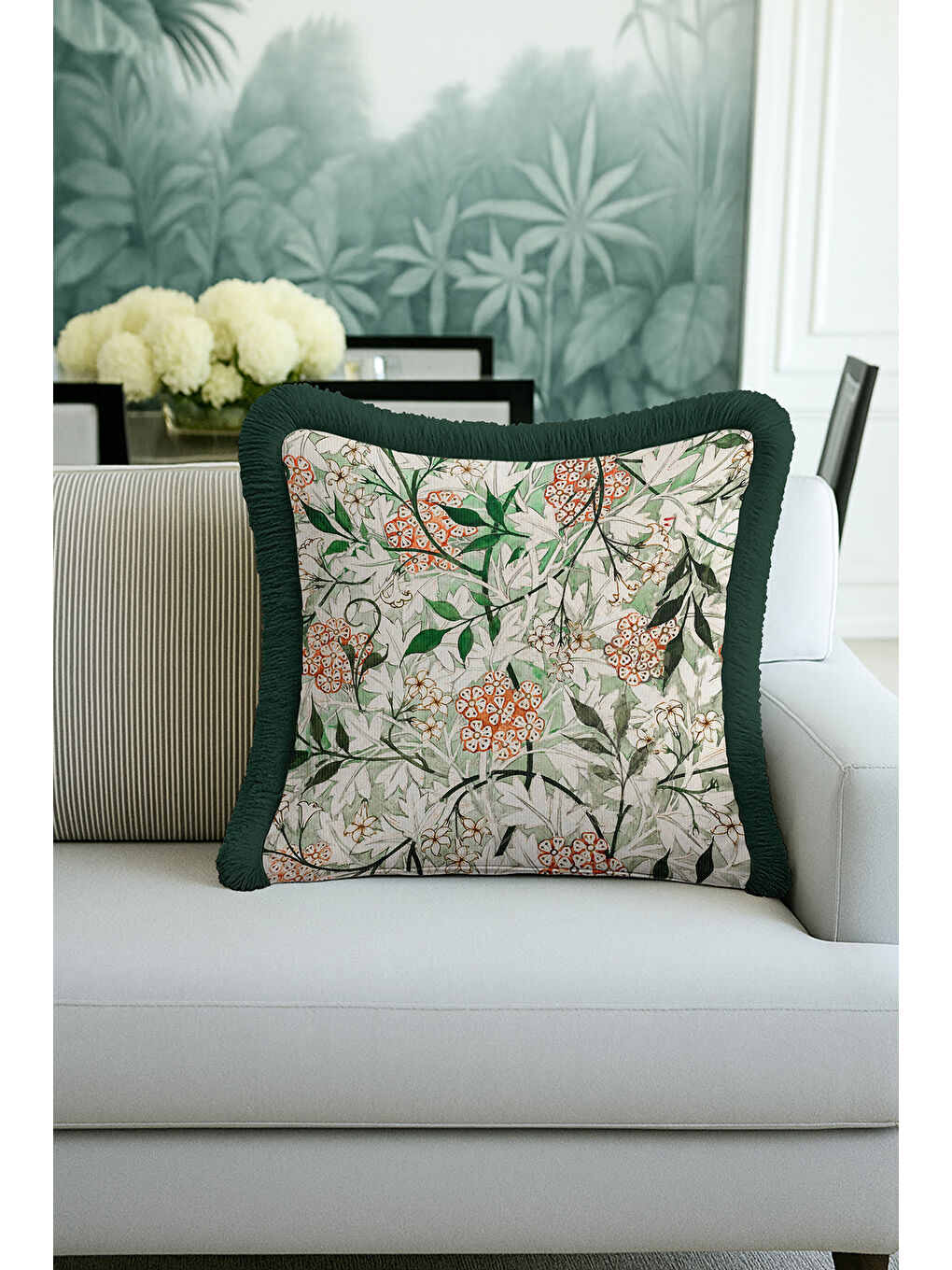 Karışık Botanik Çiçekli Saçaklı Yastık Kılıfı - Doğal Yeşil Bohem Krem Püsküllü Kırlent Kılıfı-3