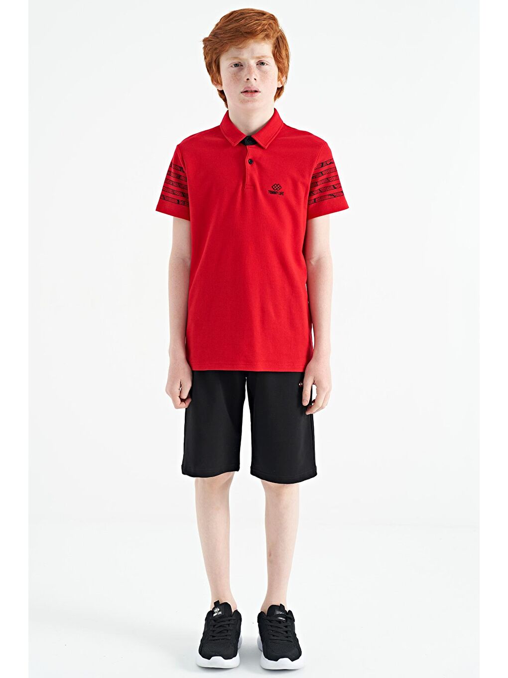 TOMMYLIFE Kırmızı Kol Baskı Detaylı Standart Kalıp Polo Yaka Erkek Çocuk T-Shirt - 11093 - 3