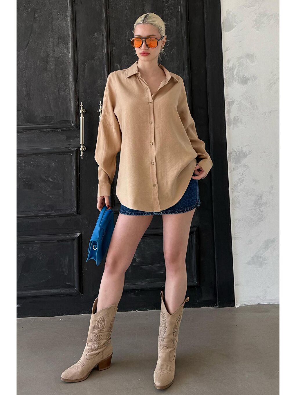 Bej Uzun Kollu Oversize Gömlek Mg2003