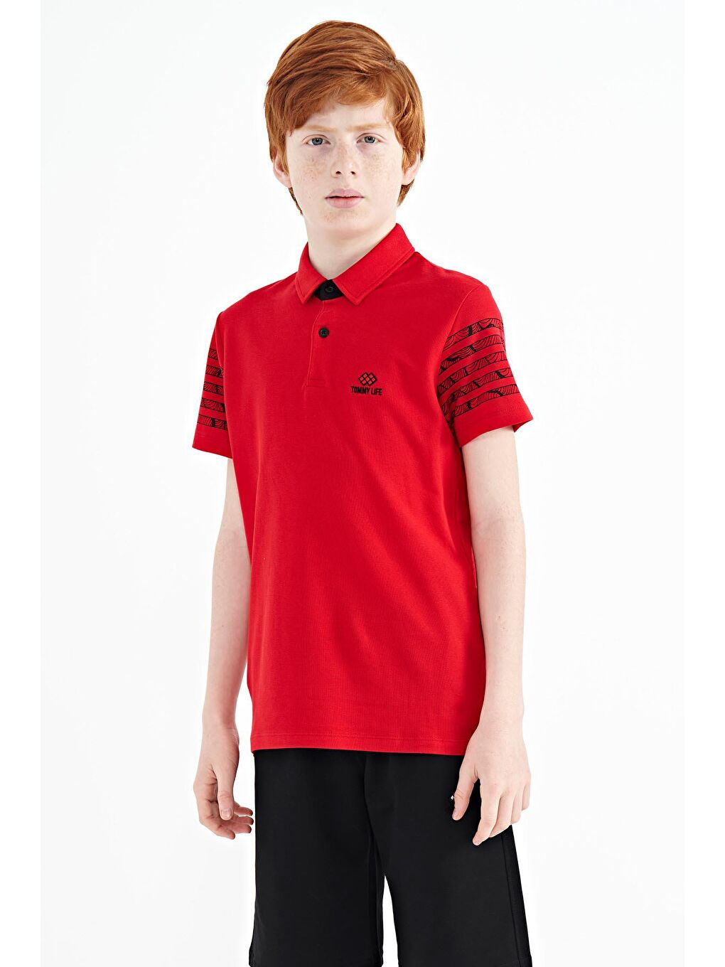 TOMMYLIFE Kırmızı Kol Baskı Detaylı Standart Kalıp Polo Yaka Erkek Çocuk T-Shirt - 11093 - 4