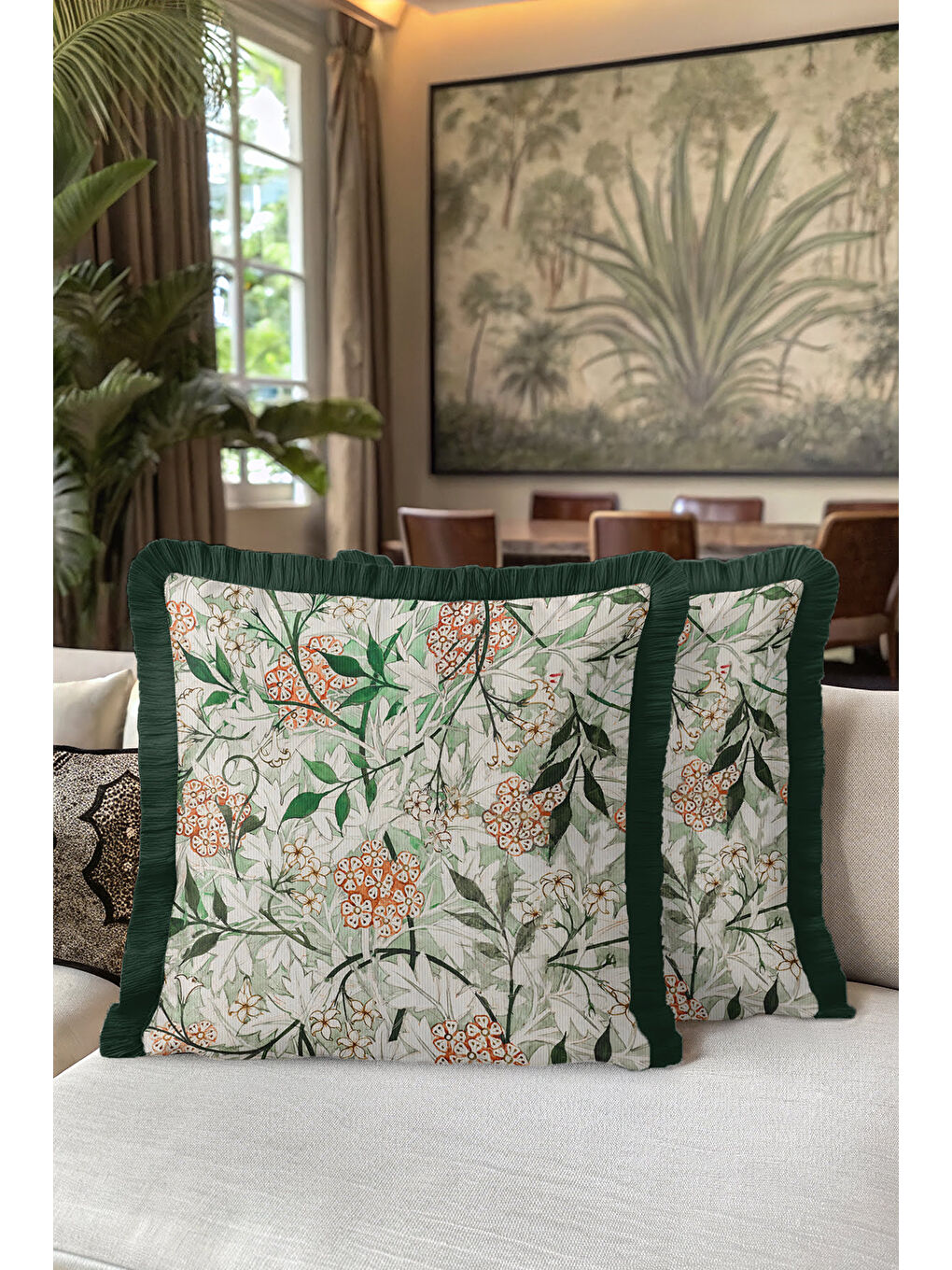 Karışık Botanik Çiçekli Saçaklı Yastık Kılıfı - Doğal Yeşil Bohem Krem Püsküllü Kırlent Kılıfı-5