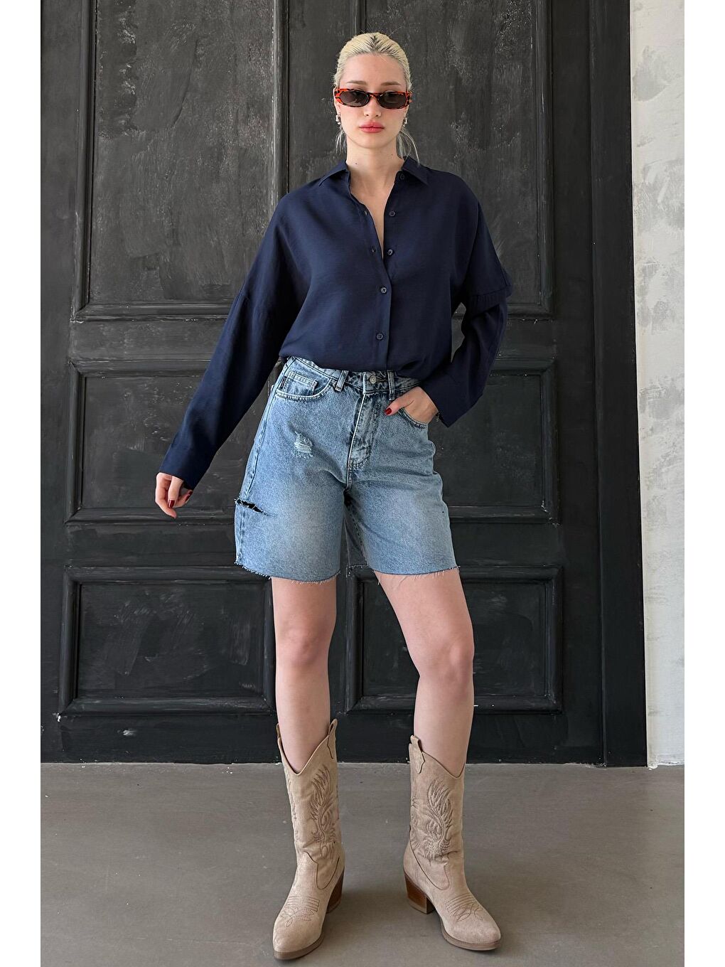 Lacivert Uzun Kollu Oversize Gömlek Mg2003-2