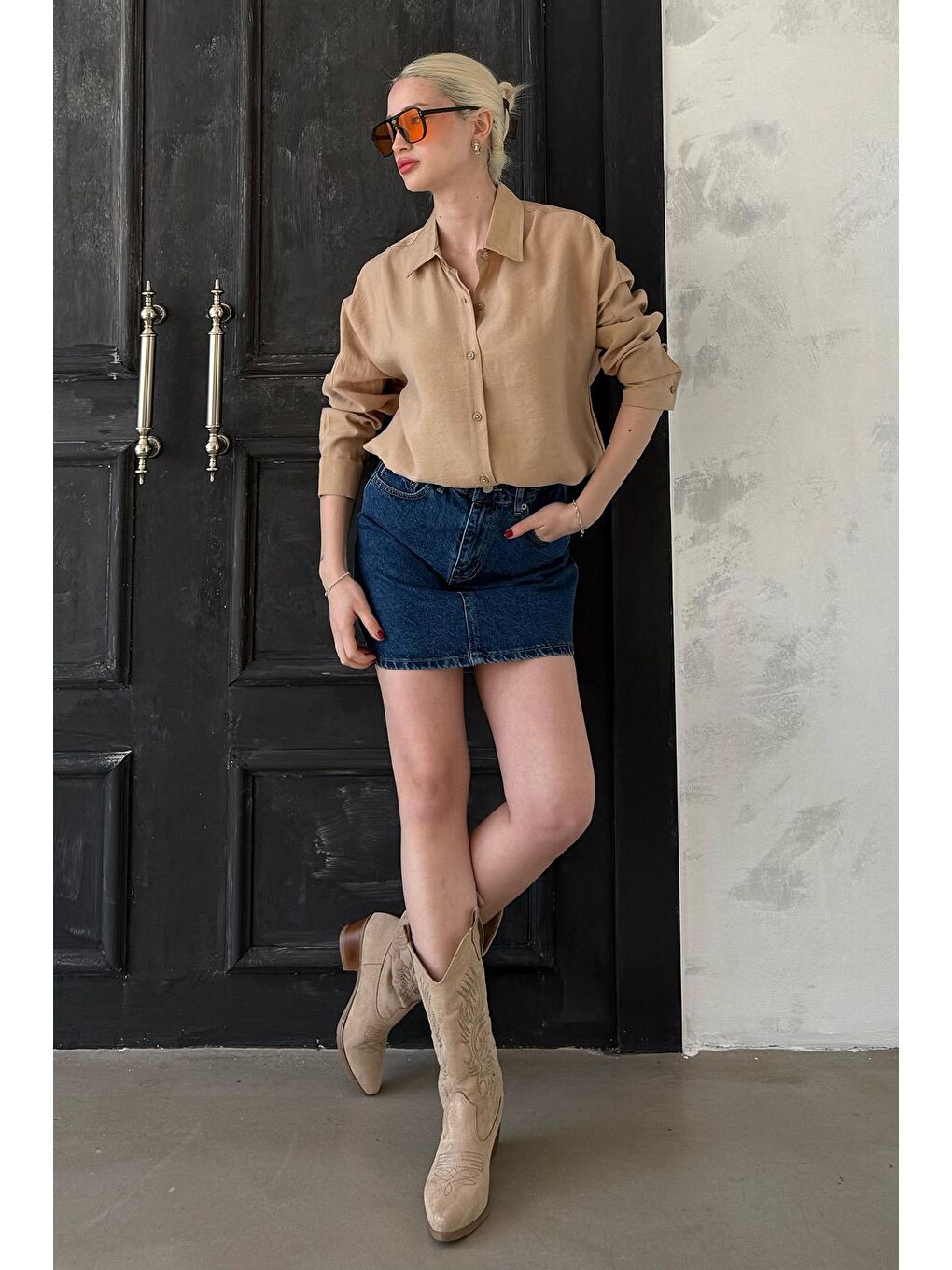 Bej Uzun Kollu Oversize Gömlek Mg2003-2