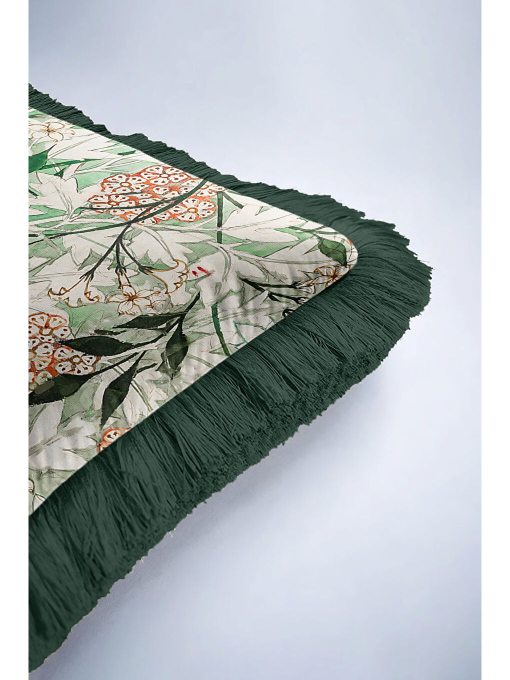 Karışık Botanik Çiçekli Saçaklı Yastık Kılıfı - Doğal Yeşil Bohem Krem Püsküllü Kırlent Kılıfı-6