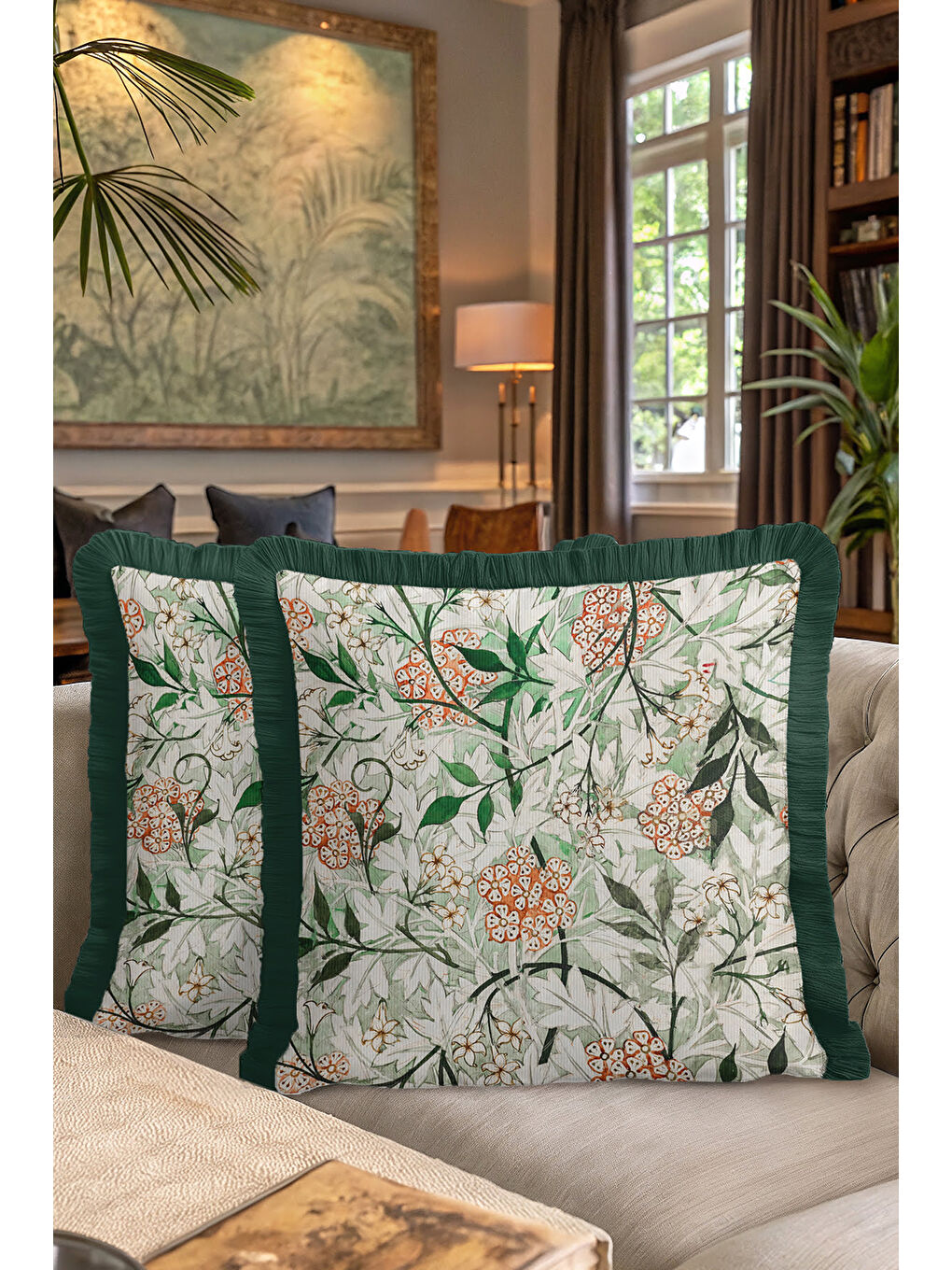 Karışık Botanik Çiçekli Saçaklı Yastık Kılıfı - Doğal Yeşil Bohem Krem Püsküllü Kırlent Kılıfı-7