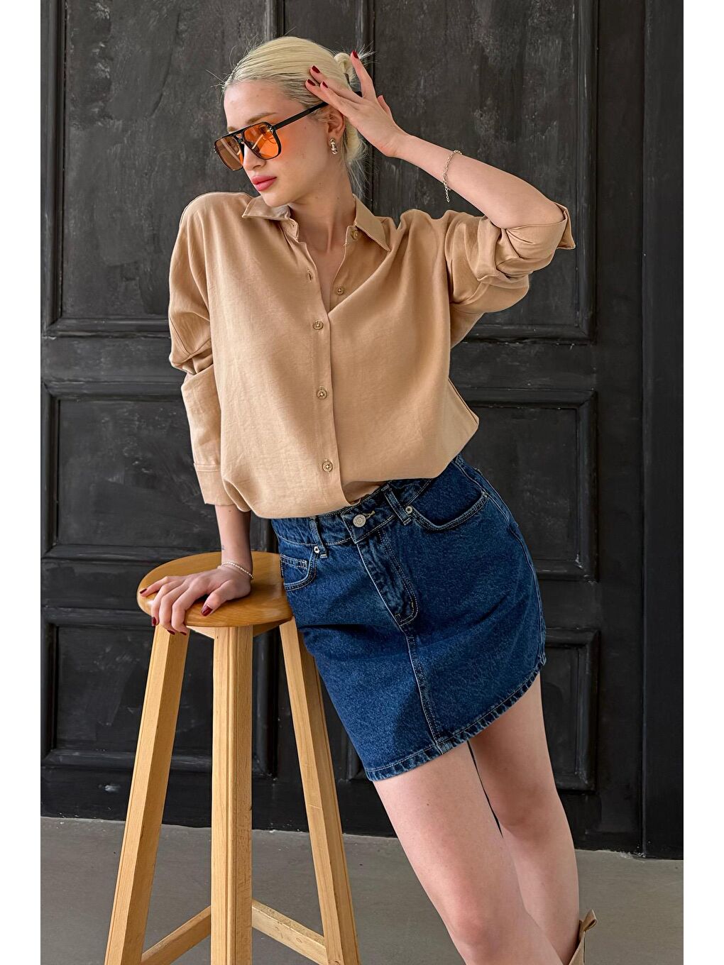 Bej Uzun Kollu Oversize Gömlek Mg2003-4