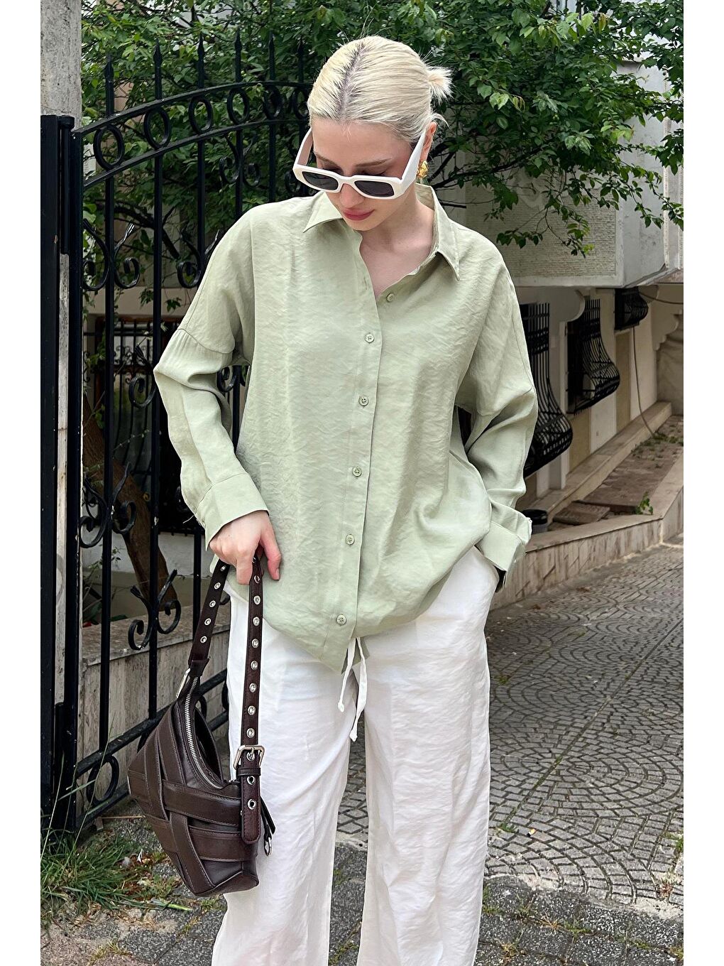 Mint Yeşili Uzun Kollu Oversize Gömlek Mg2003-1