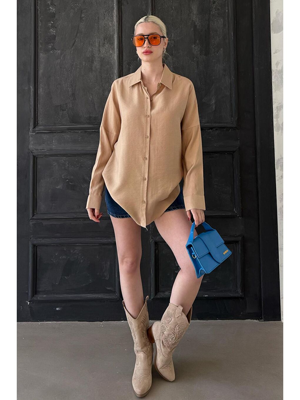 Bej Uzun Kollu Oversize Gömlek Mg2003-5