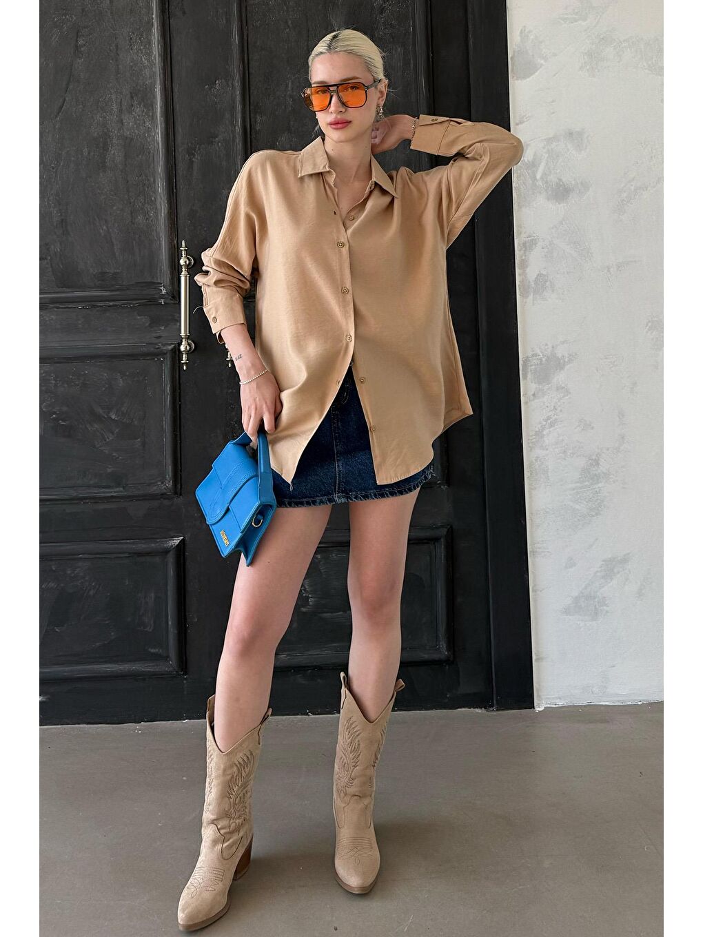 Bej Uzun Kollu Oversize Gömlek Mg2003-6