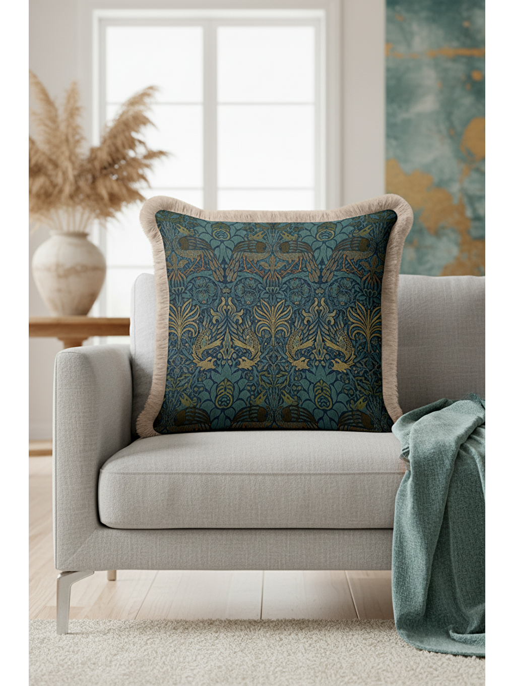 Karışık Kuş Motifli Saçaklı Yastık Kılıfı - Sanatsal Vintage Etnik Mavi Gold Renk Püsküllü Kırlent Kılıfı-1