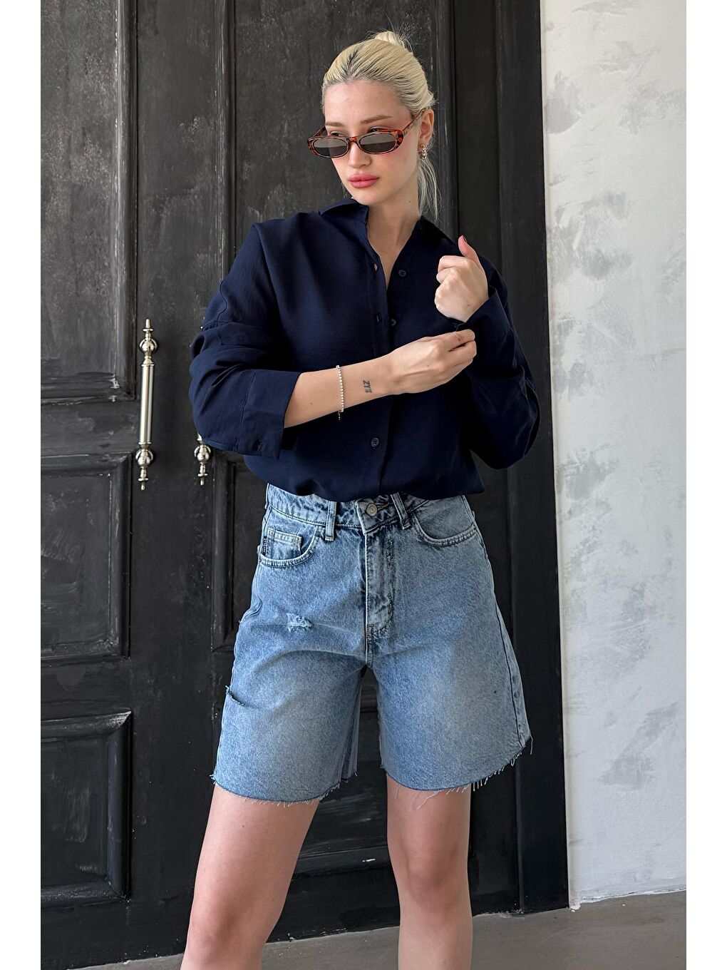 Lacivert Uzun Kollu Oversize Gömlek Mg2003-4