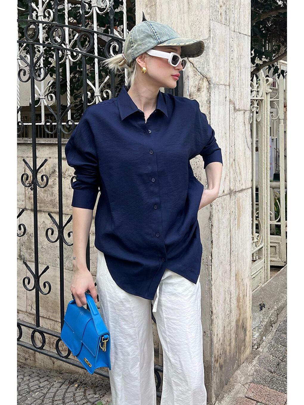 Lacivert Uzun Kollu Oversize Gömlek Mg2003-5