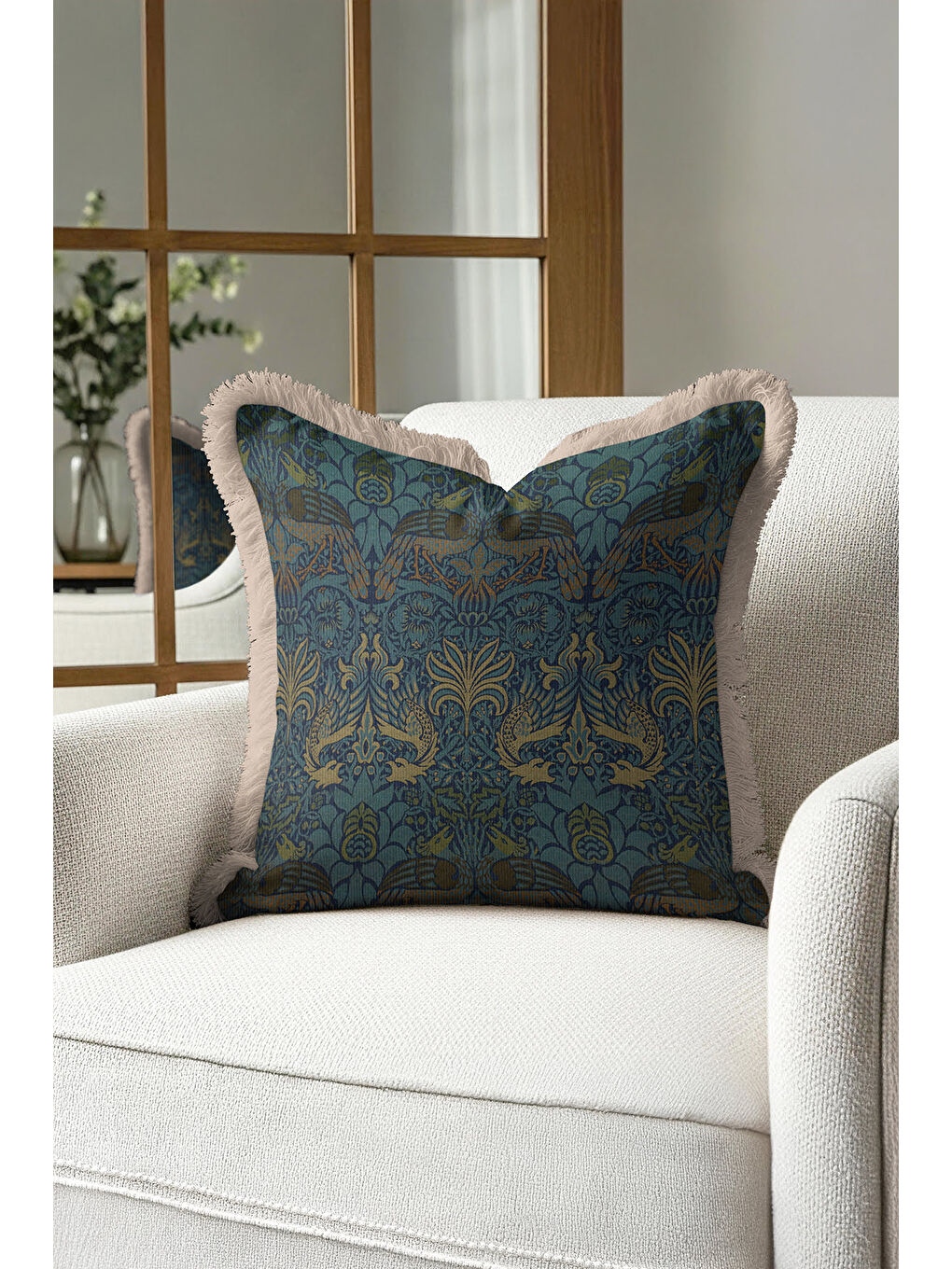 Karışık Kuş Motifli Saçaklı Yastık Kılıfı - Sanatsal Vintage Etnik Mavi Gold Renk Püsküllü Kırlent Kılıfı-2