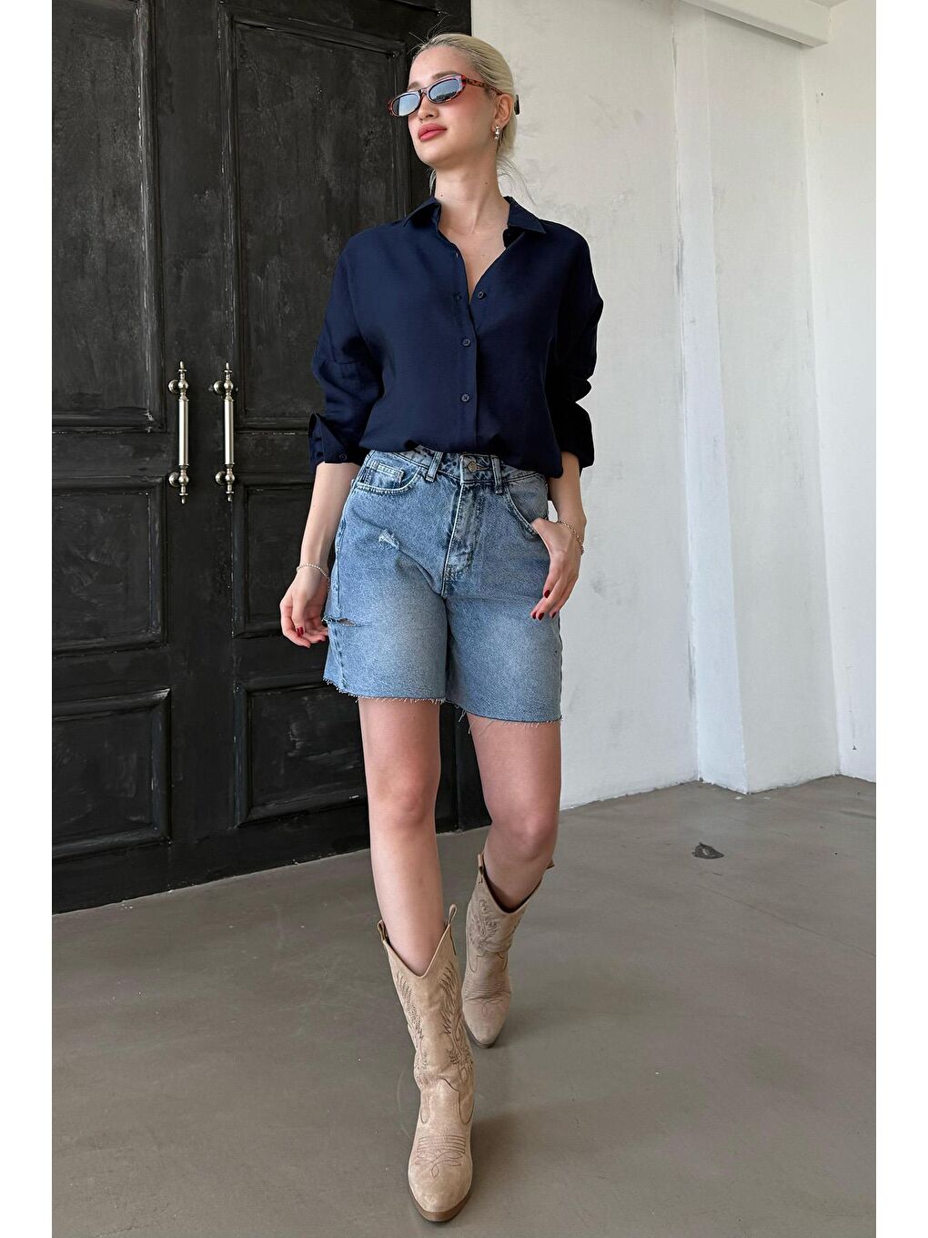 Lacivert Uzun Kollu Oversize Gömlek Mg2003-6