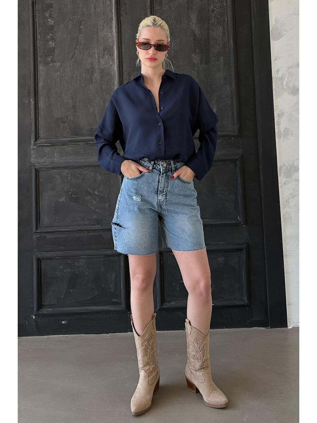 Lacivert Uzun Kollu Oversize Gömlek Mg2003-7