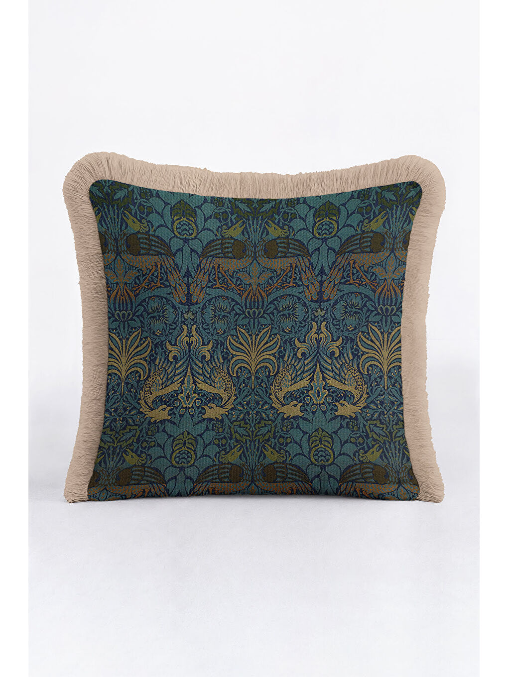 Karışık Kuş Motifli Saçaklı Yastık Kılıfı - Sanatsal Vintage Etnik Mavi Gold Renk Püsküllü Kırlent Kılıfı-3