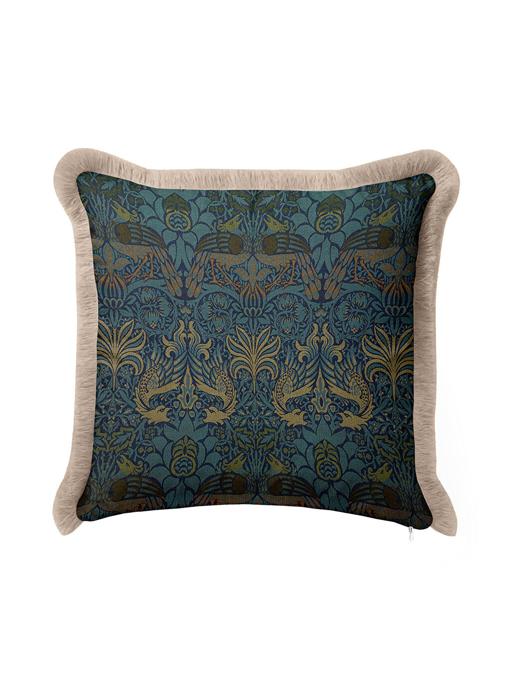 Karışık Kuş Motifli Saçaklı Yastık Kılıfı - Sanatsal Vintage Etnik Mavi Gold Renk Püsküllü Kırlent Kılıfı-4