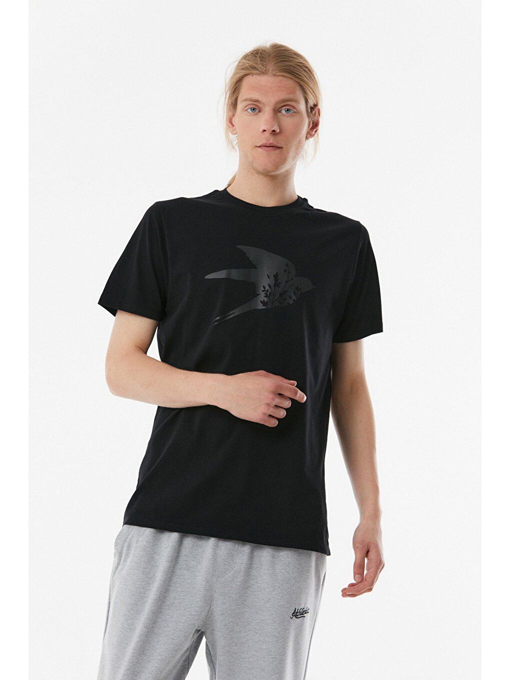 Siyah Kuş Baskılı Bisiklet Yaka Tişört-3