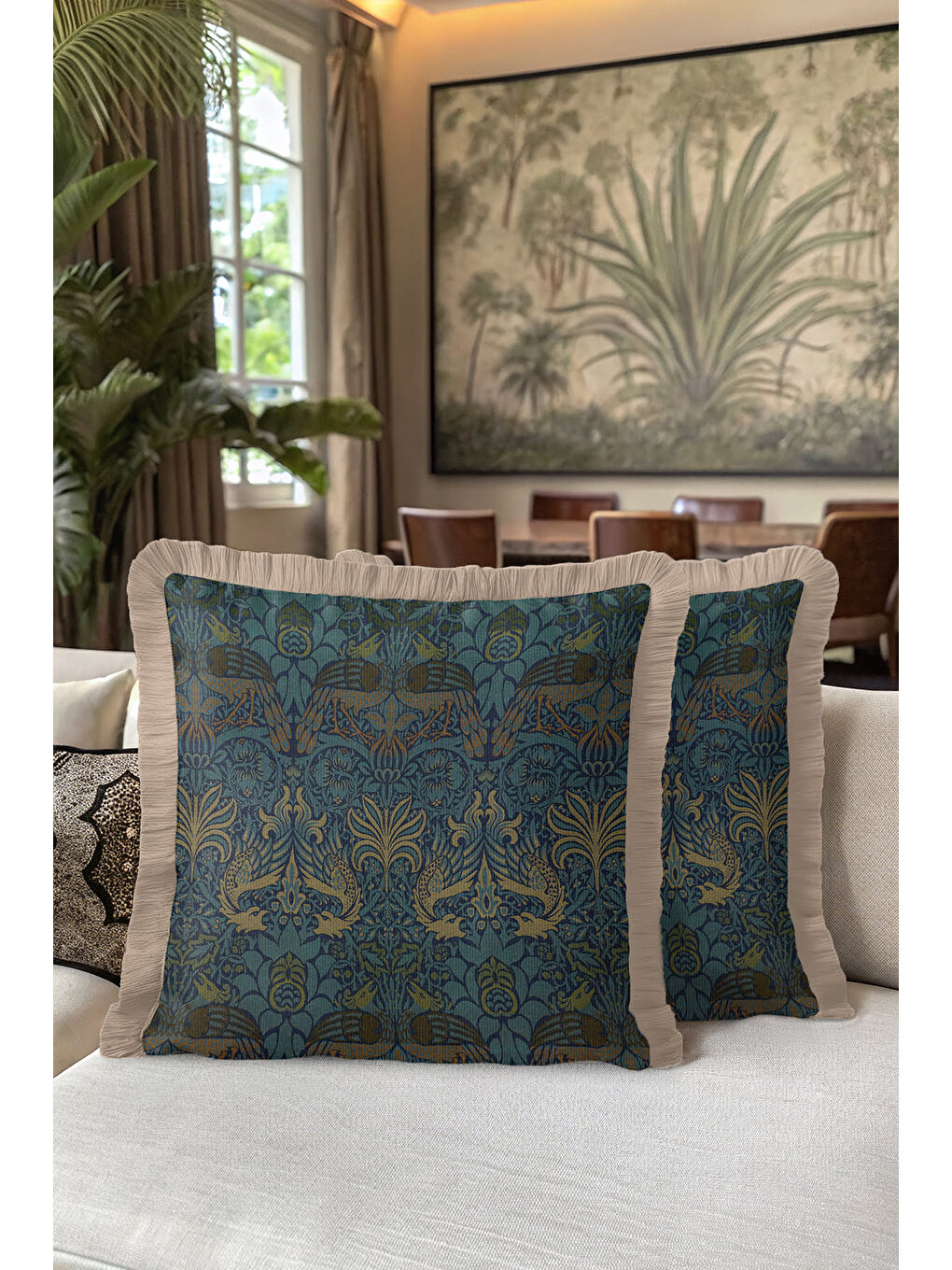 Karışık Kuş Motifli Saçaklı Yastık Kılıfı - Sanatsal Vintage Etnik Mavi Gold Renk Püsküllü Kırlent Kılıfı-5