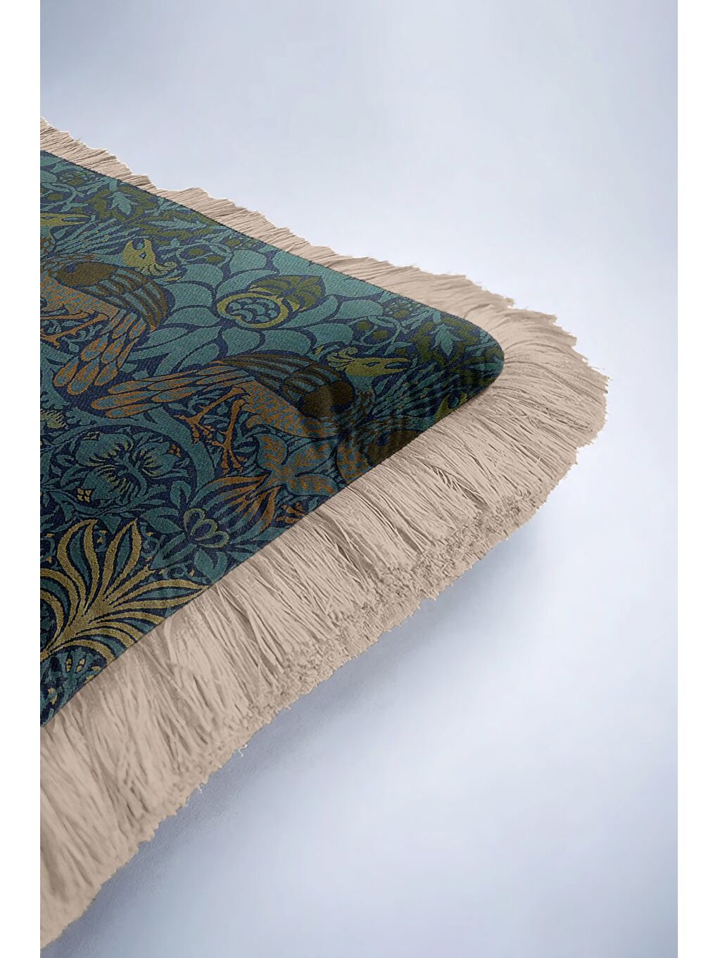 Karışık Kuş Motifli Saçaklı Yastık Kılıfı - Sanatsal Vintage Etnik Mavi Gold Renk Püsküllü Kırlent Kılıfı-6