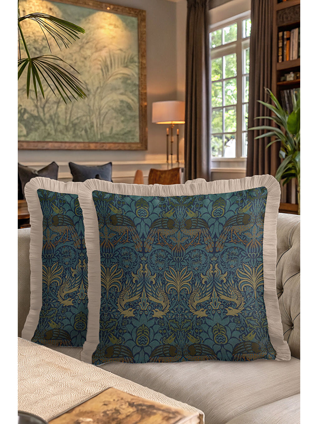 Karışık Kuş Motifli Saçaklı Yastık Kılıfı - Sanatsal Vintage Etnik Mavi Gold Renk Püsküllü Kırlent Kılıfı-7