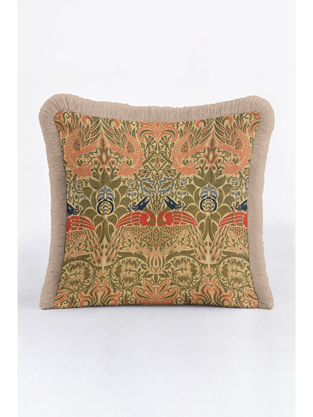 Karışık Lüks Kuş Motifli Saçaklı Yastık Kılıfı - Nostaljik Rustik Zeytin Yeşili Püsküllü Kırlent Kılıfı