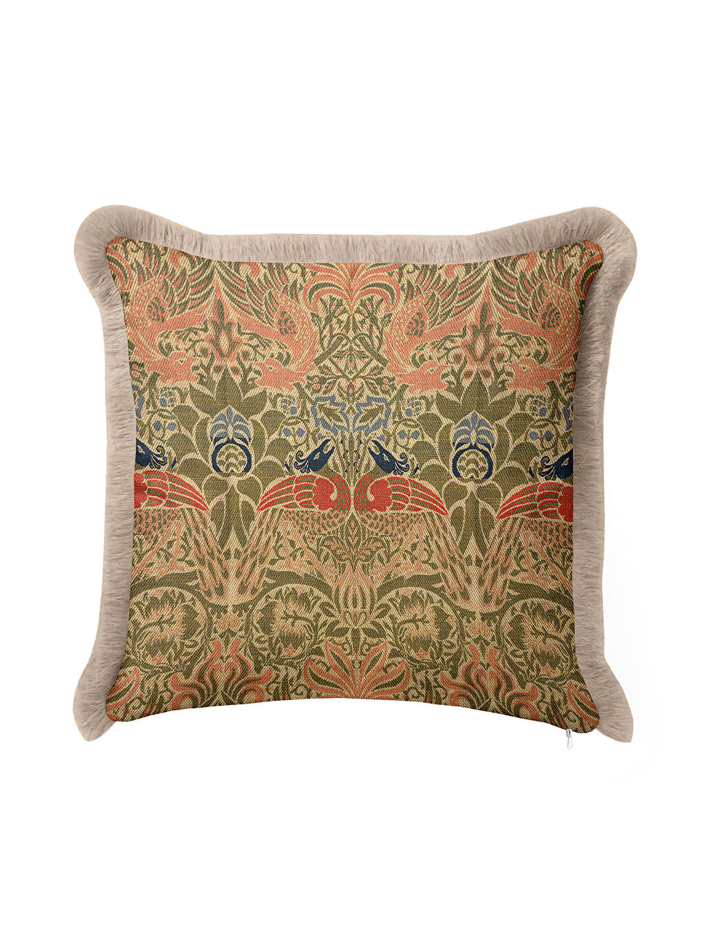 Karışık Lüks Kuş Motifli Saçaklı Yastık Kılıfı - Nostaljik Rustik Zeytin Yeşili Püsküllü Kırlent Kılıfı-3