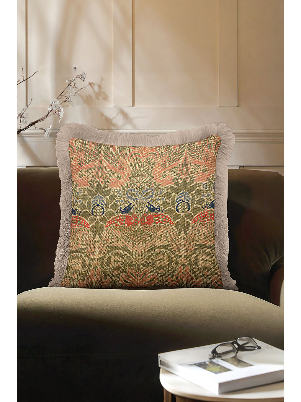 Karışık Lüks Kuş Motifli Saçaklı Yastık Kılıfı - Nostaljik Rustik Zeytin Yeşili Püsküllü Kırlent Kılıfı-4