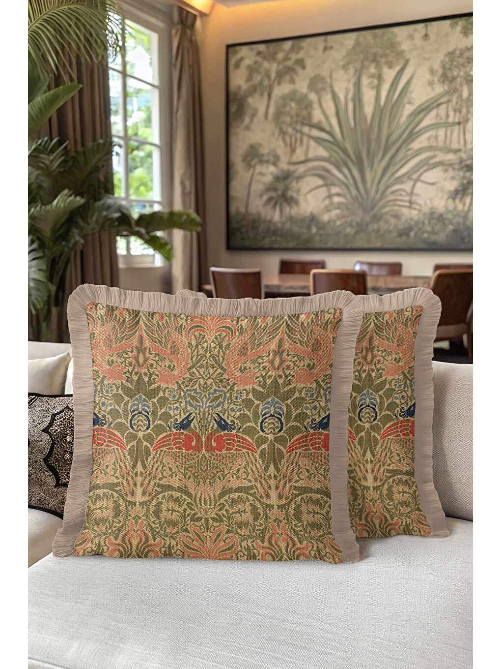 Karışık Lüks Kuş Motifli Saçaklı Yastık Kılıfı - Nostaljik Rustik Zeytin Yeşili Püsküllü Kırlent Kılıfı-5