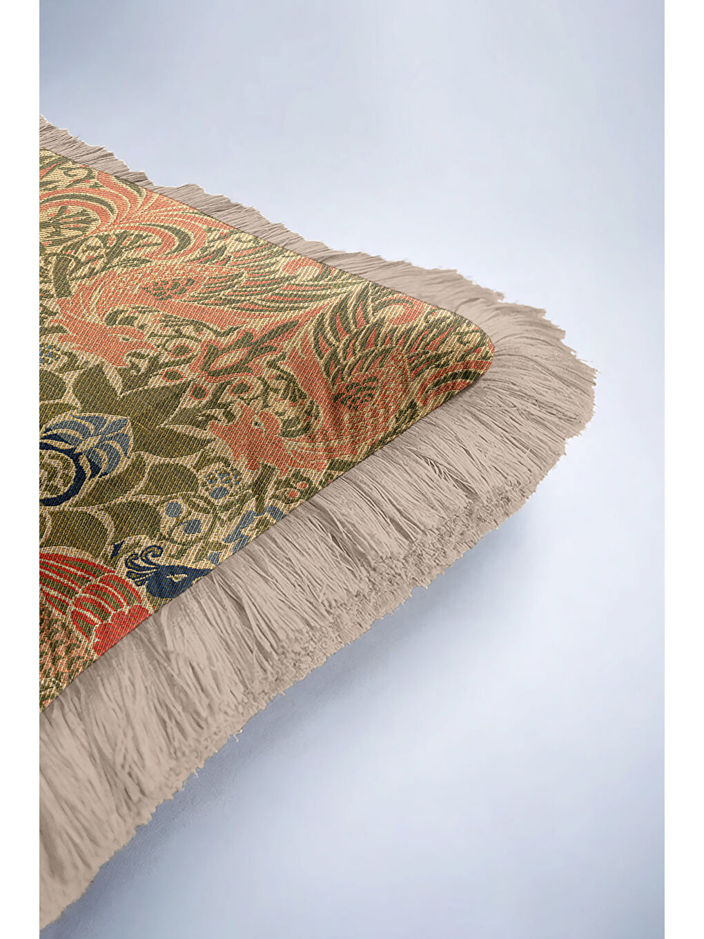 Karışık Lüks Kuş Motifli Saçaklı Yastık Kılıfı - Nostaljik Rustik Zeytin Yeşili Püsküllü Kırlent Kılıfı-6