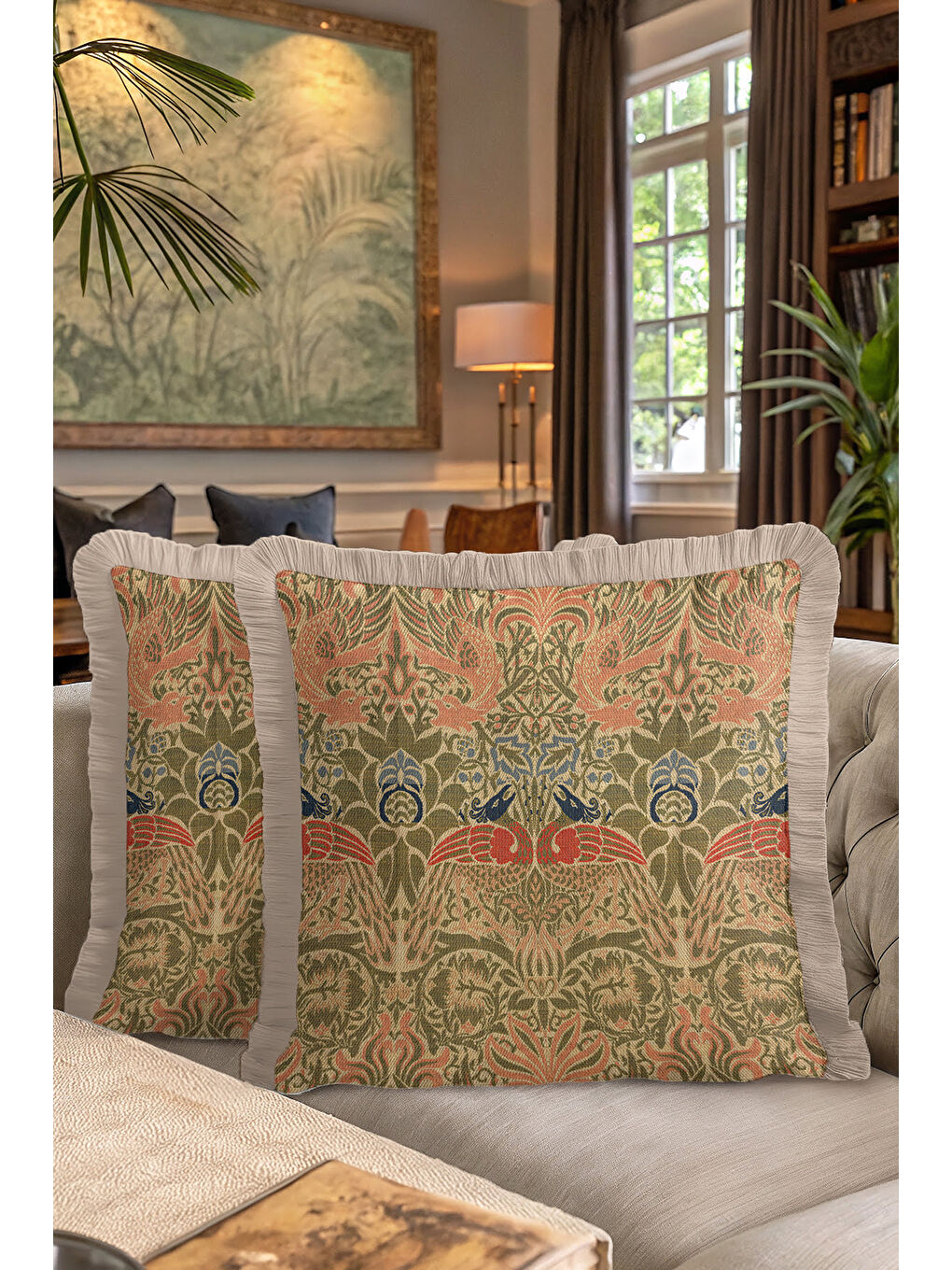 Karışık Lüks Kuş Motifli Saçaklı Yastık Kılıfı - Nostaljik Rustik Zeytin Yeşili Püsküllü Kırlent Kılıfı-7