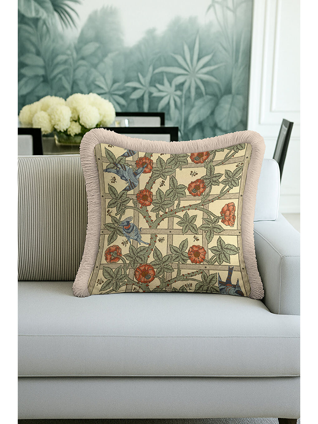 Karışık Vintage Kuşlu Çiçekli Saçaklı Yastık Kılıfı - Doğa Temalı Klasik Yeşil Püsküllü Kırlent Kılıfı