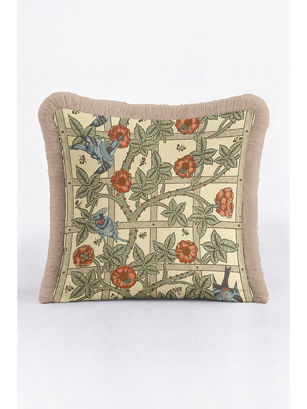 Karışık Vintage Kuşlu Çiçekli Saçaklı Yastık Kılıfı - Doğa Temalı Klasik Yeşil Püsküllü Kırlent Kılıfı-1