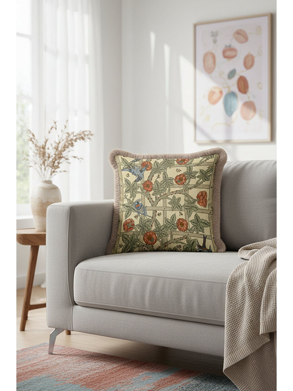 Karışık Vintage Kuşlu Çiçekli Saçaklı Yastık Kılıfı - Doğa Temalı Klasik Yeşil Püsküllü Kırlent Kılıfı-2