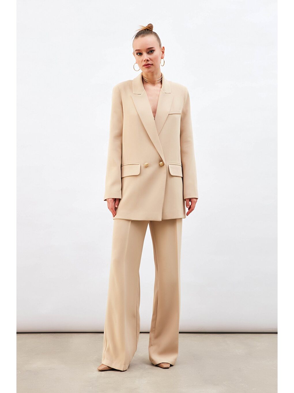 Pile Detaylı Salaş Pantolon - Bej