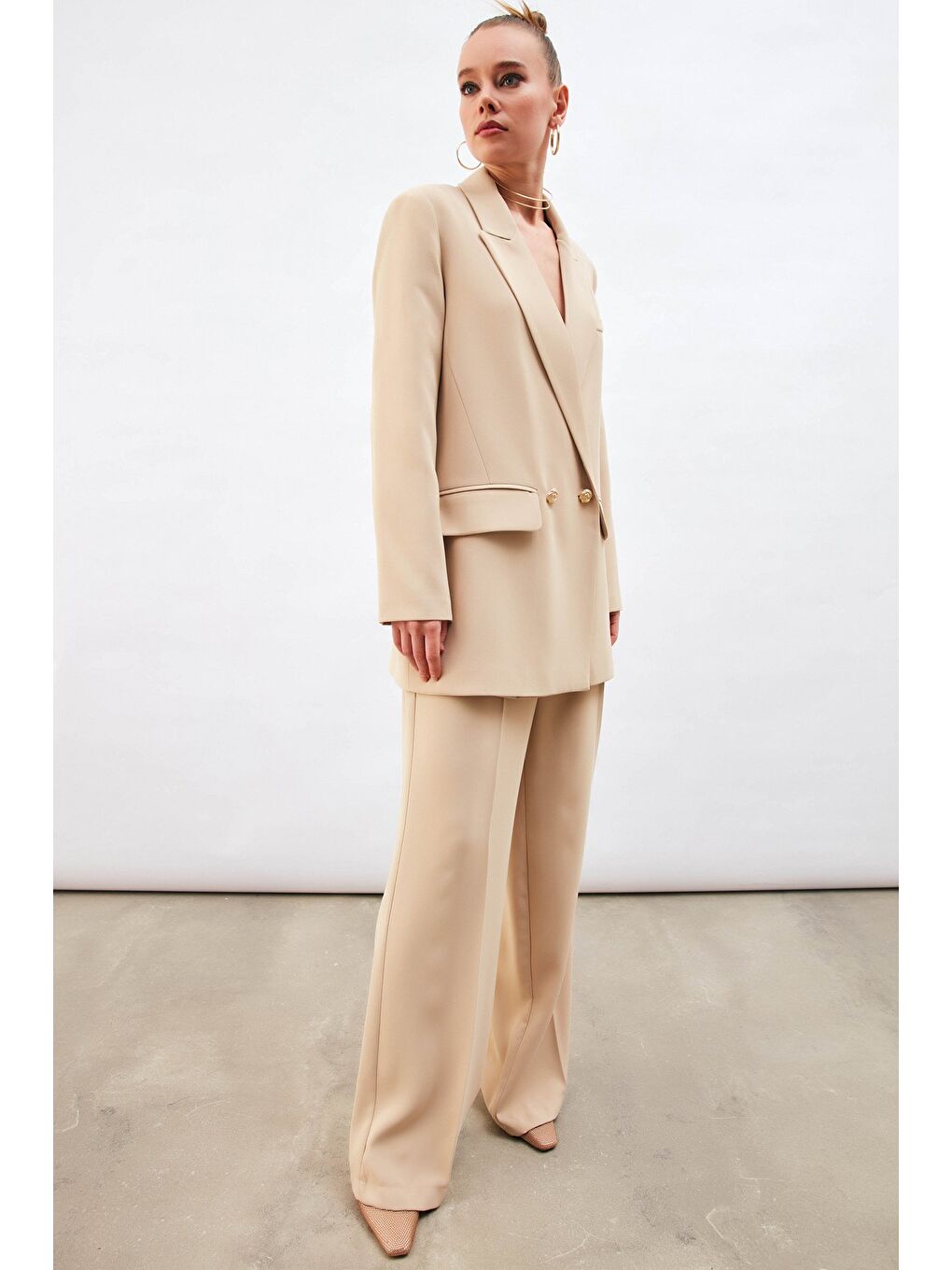 Pile Detaylı Salaş Pantolon - Bej-1