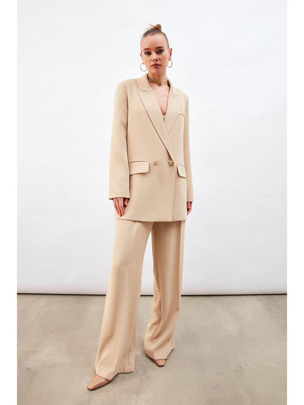 Pile Detaylı Salaş Pantolon - Bej-2