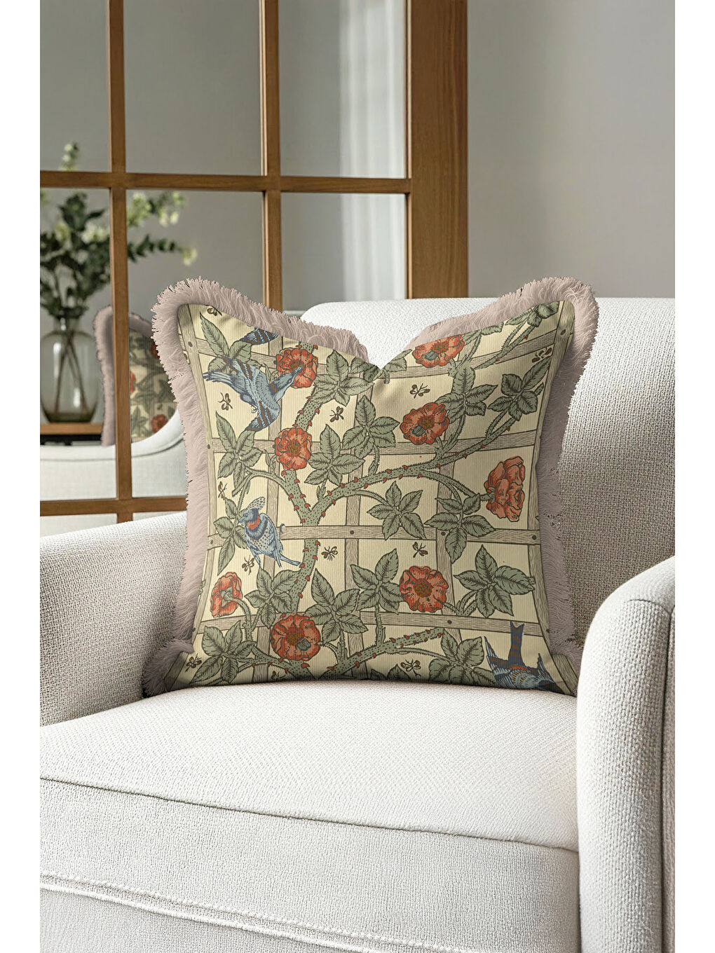 Karışık Vintage Kuşlu Çiçekli Saçaklı Yastık Kılıfı - Doğa Temalı Klasik Yeşil Püsküllü Kırlent Kılıfı-4