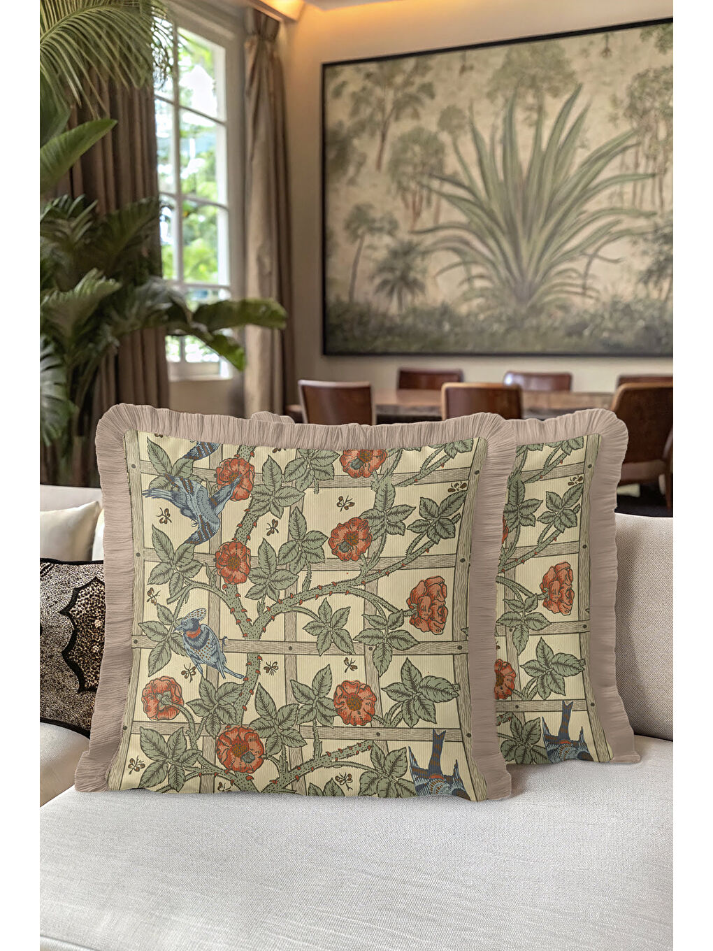 Karışık Vintage Kuşlu Çiçekli Saçaklı Yastık Kılıfı - Doğa Temalı Klasik Yeşil Püsküllü Kırlent Kılıfı-5